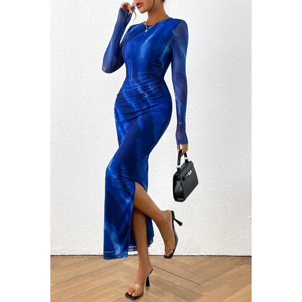 Women's Blue Watercolour Long Sleeve Floral Print Tight Fitted Bodycon Maxi Dres